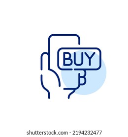 Hand holding smartphone with buy button. Pixel perfect, editable stroke line art icon