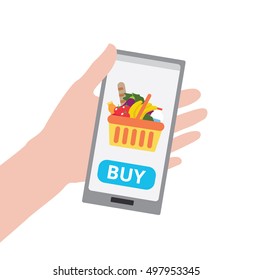 Hand holding smartphone with buy button and shopping basket full of healthy organic fresh and natural food. Order food online. Grocery delivery concept. Flat vector illustration