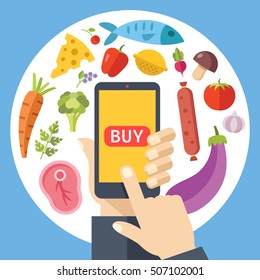 Handhalten Sie Smartphone mit Kaufknopf und Essen herum. Bestellen Sie Lebensmittel online. Flache Grafikdesign-Elemente für Webbanner, Website, Infografiken, gedruckte Materialien usw. Vektorgrafik