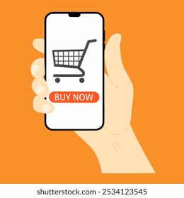 Hand holding smartphone buy now button with shopping cart. Shop now. Online shopping. Click here, apply, buttons hand pointer clicking. Web design elements. Flat vector illustration.