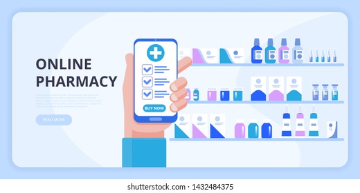 Hand holding smartphone buy online medicine. The concept of online pharmacy. Vector illustration in flat style