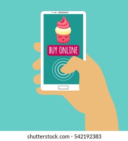 Hand holding smartphone with buy online. Internet shopping. Flat design. Vector illustration eps 10