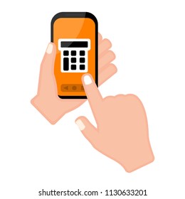 Hand holding a smartphone with a calculator app