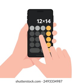 Mano que sostiene el smartphone con el App de la calculadora en la pantalla de visualización, interfaz móvil del App de la calculadora en la pantalla que sostiene con la mano y que toca con el dedo.