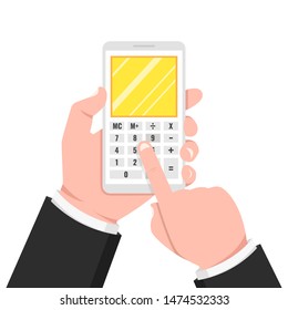 Hand holding smartphone with calculator on screen. Vector Illustration.