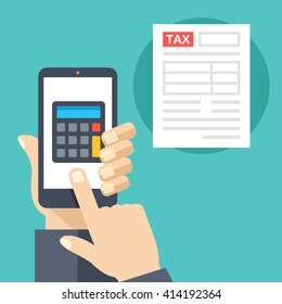 Hand holding smartphone with calculator on screen and tax form. Tax calculator, mobile app for accounting concepts. Flat design vector illustration