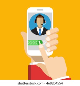 Hand holding smartphone to call customer support. Male avatar on the screen. Callcenter consept. Vector flat illustration.