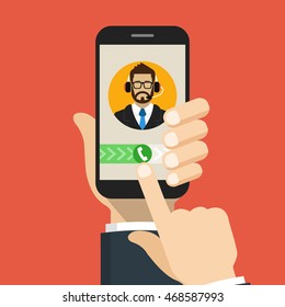 Hand holding smartphone to call customer support. Male avatar on the screen. Call center concept. Vector flat illustration.
