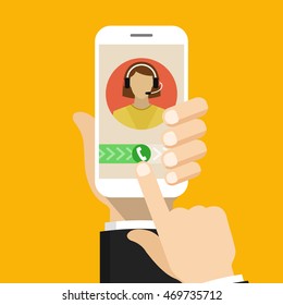 Hand holding smartphone to call customer support. Female avatar on the screen. Callcenter consept. Vector flat illustration.