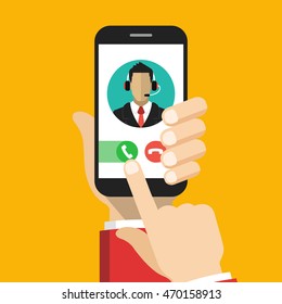 Hand holding smartphone to call customer support. Male avatar on the screen. Callcenter concept. Vector flat illustration.