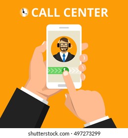 Hand holding smartphone to call customer support. Male avatar on the screen. Callcenter consept. Vector flat illustration.