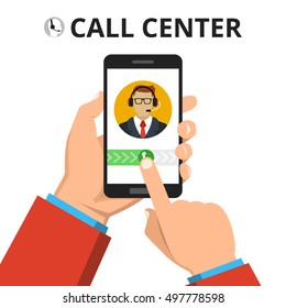 Hand holding smartphone to call customer support. Male avatar on the screen. Callcenter consept. Vector flat illustration.