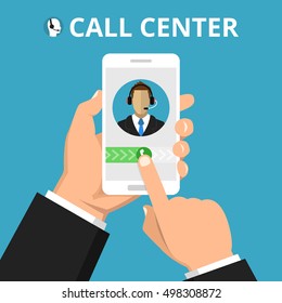 Hand holding smartphone to call customer support. Male avatar on the screen. Callcenter consept. Vector flat illustration.