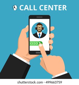 Hand holding smartphone to call customer support. Male avatar on the screen. Callcenter consept. Vector flat illustration.
