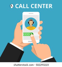 Hand holding smartphone to call customer support. Female avatar on the screen. Callcenter consept. Vector flat illustration.