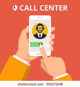 Hand holding smartphone to call customer support. Male avatar on the screen. Callcenter consept. Vector flat illustration.