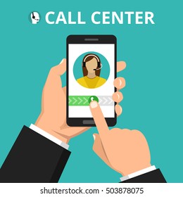 Hand holding smartphone to call customer support. Female avatar on the screen. Call center concept. Vector flat illustration.
