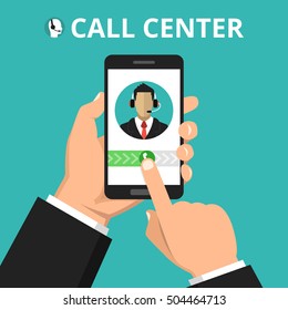 Hand holding smartphone to call customer support. Male avatar on the screen. Callcenter consept. Vector flat illustration.