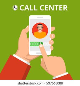 Hand holding smartphone to call customer support. Male avatar on the screen. Call center concept. Vector flat illustration.