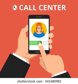 Hand holding smartphone to call customer support. Female avatar on the screen. Callcenter consept. Vector flat illustration.