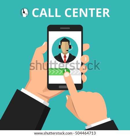 Hand holding smartphone to call customer support. Male avatar on the screen. Callcenter consept. Vector flat illustration.