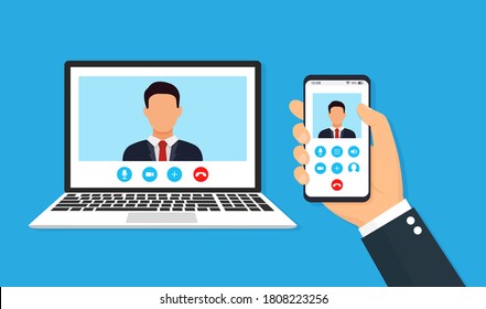 Hand holding smartphone with call and laptop on screen. Vector illustration