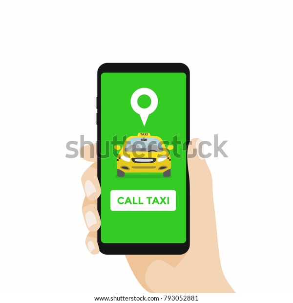 Hand Holding Smartphone and Call taxi by\
phone. Booking Taxi Via Mobile App Vector.\
