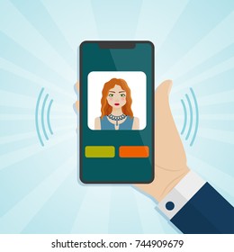 Hand holding smartphone with caller on a screen. Vector illustration.