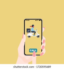 Hand is holding smartphone calling delivery man via application. vector illustration.