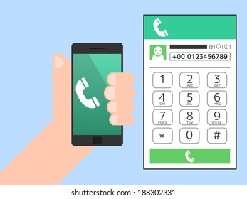 A hand holding smartphone with calling on screen. vector illustration.