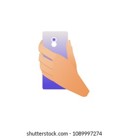 Hand Holding Smartphone With Camera On Back Side Isolated On White Background. Cartoon Vector Illustration Of Wrist Making Photo With Blue Gradient Mobile Phone.