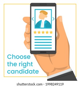 Hand holding smartphone with candidate CV in the screen vector isolated. Recruitment concept, searching for an employee online. Professional choice.