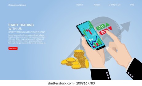 Mano con smartphone con carta de candlestick venta de acciones y compra usando teléfonos móviles, operaciones de inversión de mercado, Vector Illustration