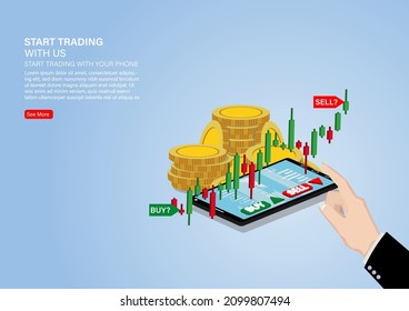 Hand holding smartphone with candlestick chart of stock sale and buy using mobile phones, market investment trading, Vector Illustration