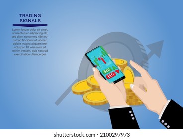 Mano con smartphone con carta de candlestick venta de acciones y compra usando teléfonos móviles, operaciones de inversión de mercado, Vector Illustration