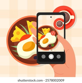 A hand holding a smartphone capturing a breakfast plate with eggs, cheese, and vegetables, accompanied by a cup of coffee. Flat style on a checkered background. Vector illustration