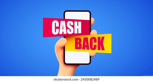 Hand holding smartphone with cashback label. Money back. Online shopping. Vector illustration