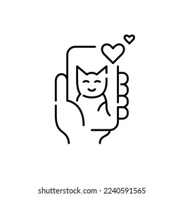 Hand holding smartphone with cat picture and likes. Pixel perfect, editable stroke icon