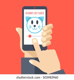 Hand Holding Smartphone With Cat Video On Screen. Watching Funny Videos Online, Movies, Fails, Viral Media On The Internet. Flat Design Vector Illustration