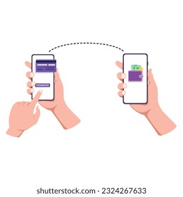 Hand holding smartphone or cellular with debit card and e- wallet on screen. Money transfers concept, mobile banking application. Vector illustration Payment business, finance, shopping 