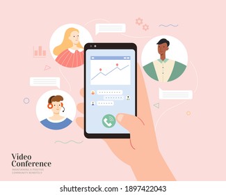 A hand holding smartphone with chart and messages on screen. Good communication with team members or clients. Flat illustration, concept of video conference or online teamwork.