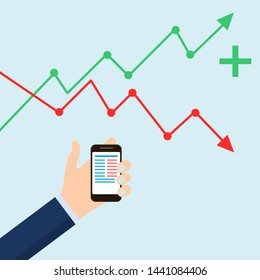 Hand holding smartphone with chart on business concept, share trader.