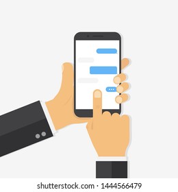 Hand holding smartphone with chat application and finger touching screen device. Chat or notification concept. Mobile with messages. EPS 10