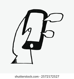 Hand holding smartphone with chat bubbles. Simple, black and white illustration. Communication and messaging concept. Minimalist design. Simple black line art doodle vector.