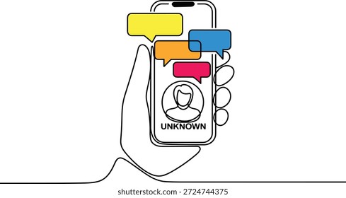 Hand holding smartphone with chat bubbles and unknown contact.