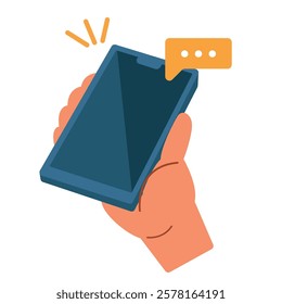 Hand holding smartphone with chat message notification, flat design illustration vector, new email notification on mobile phone, new message notification clip art, mobile app push notice