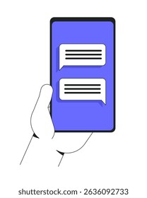 Hand holding smartphone with chat messages vector illustration. Cellphone communication, messaging screen, mobile technology 2D cartoon image isolated on white. Editable flat clipart colorful
