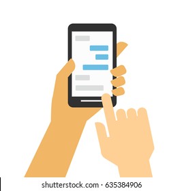 Hand holding smartphone chat and messaging concept background flat design
