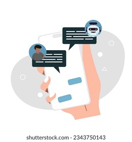 Hand holding smartphone with Chatbots concept. chatting with chat bot on smartphone. having dialog with chat bot. Customer asking questions and receiving answers. flat vector illustrations