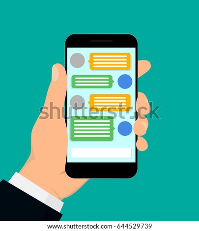 Hand holding smartphone. Chating and messaging concept. Vector illustration. Flat design.